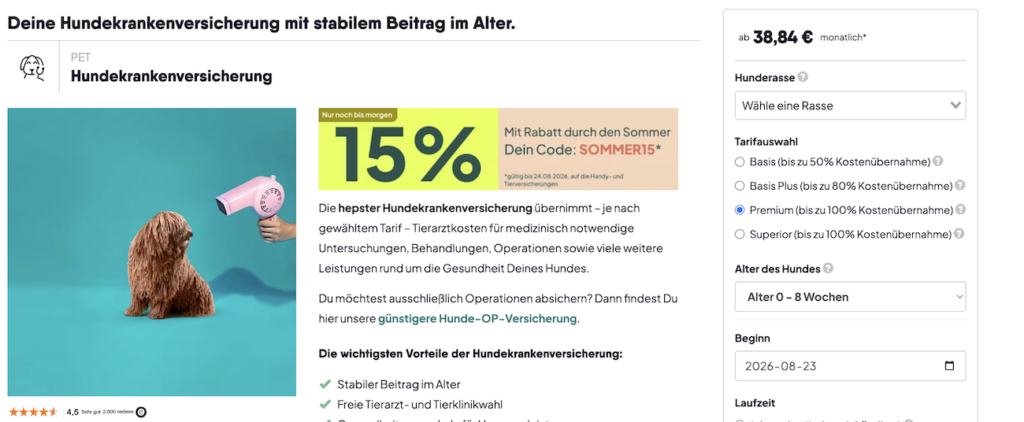 Hepster Logo und digitaler Versicherungsabschluss für Hunde