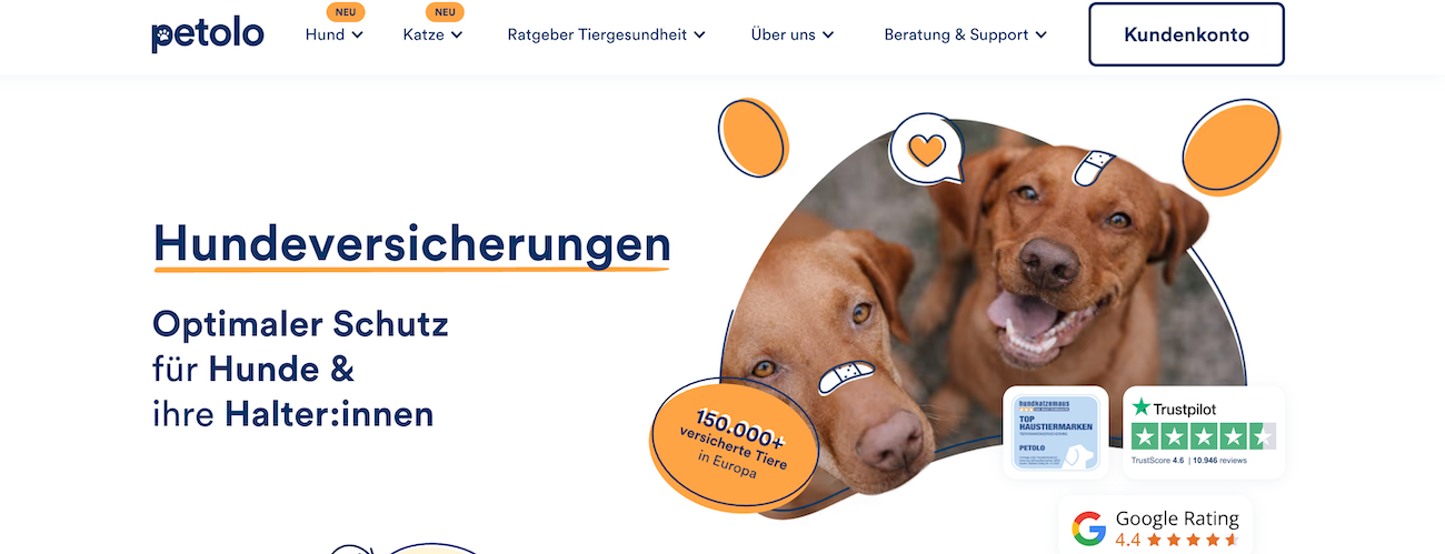 Monatliche Kosten der Petolo Hundeversicherung ab 34,90 Euro
